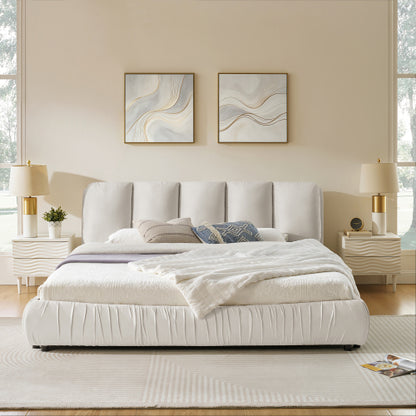 CAMA CREMA BEIGE #17 SOLO EN KING SIZE-King Size Upholstered Bed Frame, Modern Minimalist Style with Segmented Plump Compressed Sponge Headboard, Shiny velvet & Sturdy Leg Support, Mattress Not Included-Beige