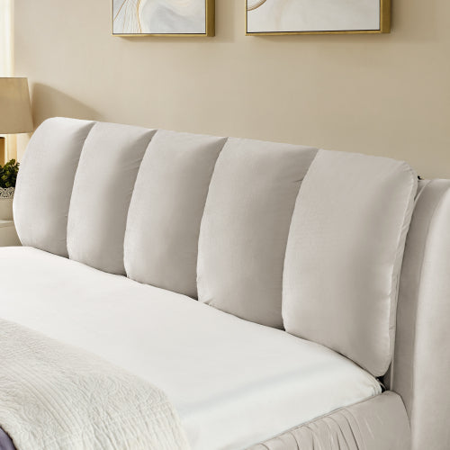 CAMA CREMA BEIGE #17 SOLO EN KING SIZE-King Size Upholstered Bed Frame, Modern Minimalist Style with Segmented Plump Compressed Sponge Headboard, Shiny velvet & Sturdy Leg Support, Mattress Not Included-Beige