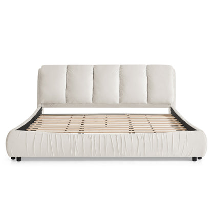CAMA CREMA BEIGE #17 SOLO EN KING SIZE-King Size Upholstered Bed Frame, Modern Minimalist Style with Segmented Plump Compressed Sponge Headboard, Shiny velvet & Sturdy Leg Support, Mattress Not Included-Beige