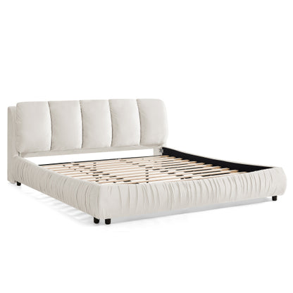 CAMA CREMA BEIGE #17 SOLO EN KING SIZE-King Size Upholstered Bed Frame, Modern Minimalist Style with Segmented Plump Compressed Sponge Headboard, Shiny velvet & Sturdy Leg Support, Mattress Not Included-Beige