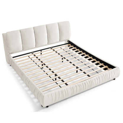 CAMA CREMA BEIGE #17 SOLO EN KING SIZE-King Size Upholstered Bed Frame, Modern Minimalist Style with Segmented Plump Compressed Sponge Headboard, Shiny velvet & Sturdy Leg Support, Mattress Not Included-Beige