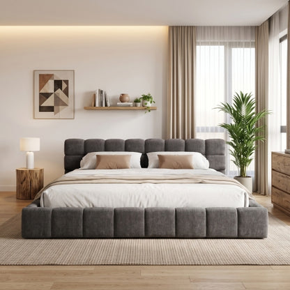 CAMA GRIS #23 KING GREY BED Elegant  Upholstered Bed with Checkerboard Design, King, Grey