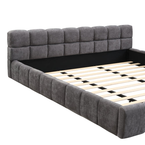 CAMA GRIS #23 KING GREY BED Elegant  Upholstered Bed with Checkerboard Design, King, Grey