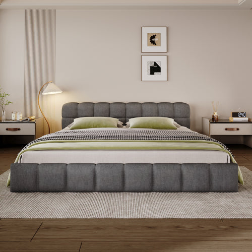CAMA GRIS #23 KING GREY BED Elegant  Upholstered Bed with Checkerboard Design, King, Grey
