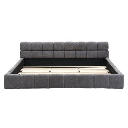 CAMA GRIS #23 KING GREY BED Elegant  Upholstered Bed with Checkerboard Design, King, Grey