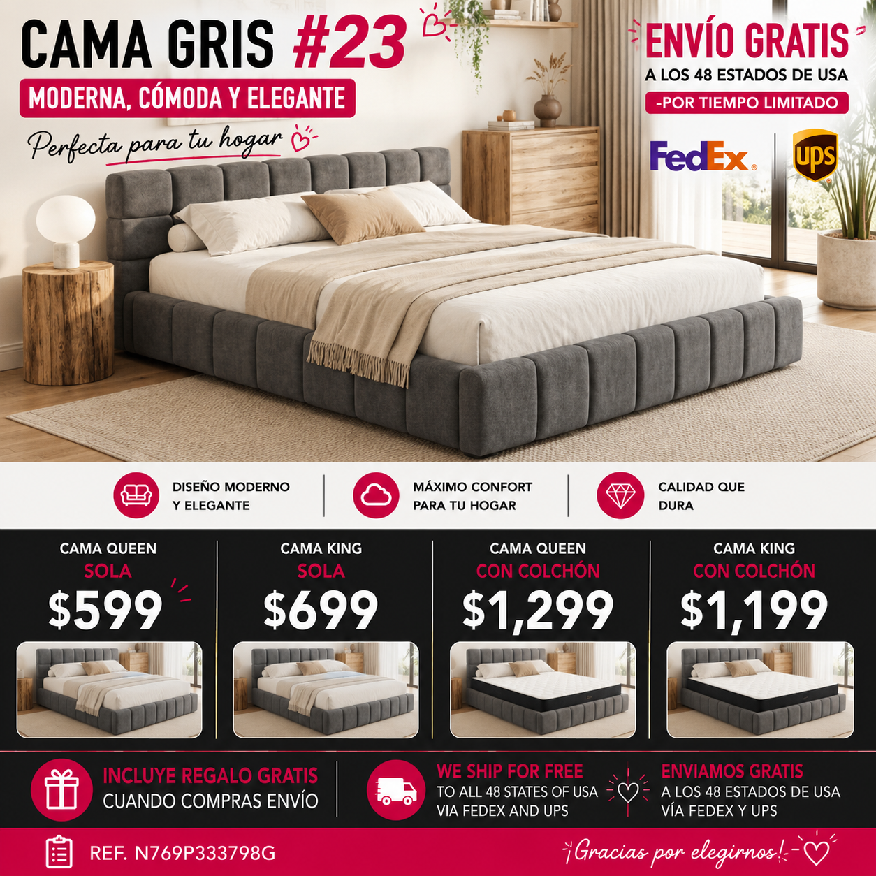 CAMA GRIS #23 KING GREY BED Elegant  Upholstered Bed with Checkerboard Design, King, Grey