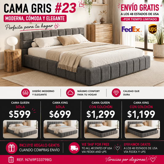 CAMA GRIS #23 KING GREY BED Elegant  Upholstered Bed with Checkerboard Design, King, Grey