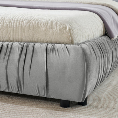 CAMA GRIS SATIN #3 KING GRAY King Size Upholstered Bed Frame, Modern Minimalist Style with Segmented Plump Compressed Sponge Headboard, Shiny velvet & Sturdy Leg Support, Mattress Not Included-Gray