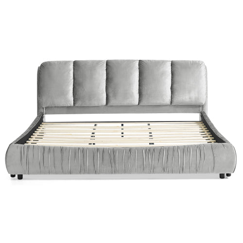 CAMA GRIS SATIN #3 KING GRAY King Size Upholstered Bed Frame, Modern Minimalist Style with Segmented Plump Compressed Sponge Headboard, Shiny velvet & Sturdy Leg Support, Mattress Not Included-Gray