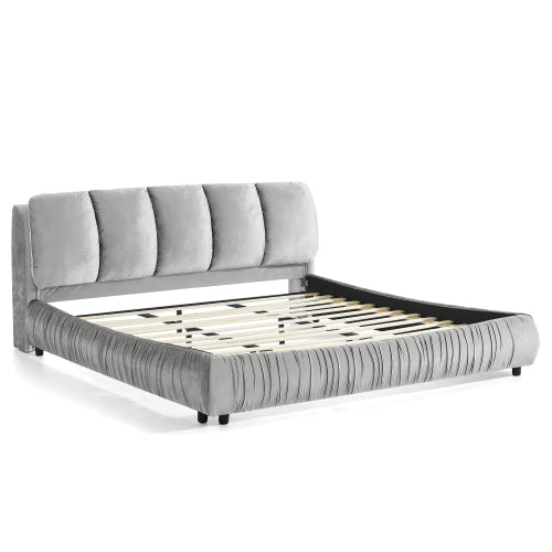 CAMA GRIS SATIN #3 KING GRAY King Size Upholstered Bed Frame, Modern Minimalist Style with Segmented Plump Compressed Sponge Headboard, Shiny velvet & Sturdy Leg Support, Mattress Not Included-Gray