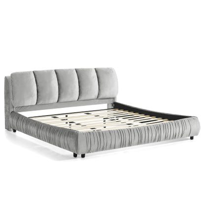 CAMA GRIS SATIN #3 KING GRAY King Size Upholstered Bed Frame, Modern Minimalist Style with Segmented Plump Compressed Sponge Headboard, Shiny velvet & Sturdy Leg Support, Mattress Not Included-Gray