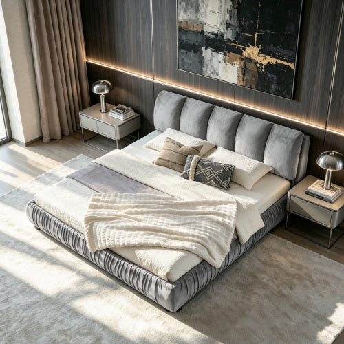 CAMA GRIS SATIN #3 KING GRAY King Size Upholstered Bed Frame, Modern Minimalist Style with Segmented Plump Compressed Sponge Headboard, Shiny velvet & Sturdy Leg Support, Mattress Not Included-Gray