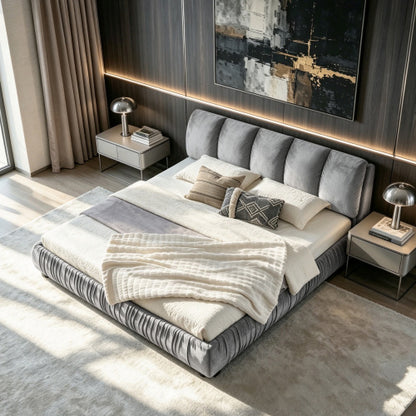 CAMA GRIS SATIN #3 KING GRAY King Size Upholstered Bed Frame, Modern Minimalist Style with Segmented Plump Compressed Sponge Headboard, Shiny velvet & Sturdy Leg Support, Mattress Not Included-Gray