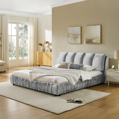 CAMA GRIS SATIN #3 KING GRAY King Size Upholstered Bed Frame, Modern Minimalist Style with Segmented Plump Compressed Sponge Headboard, Shiny velvet & Sturdy Leg Support, Mattress Not Included-Gray