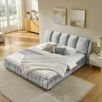 CAMA GRIS SATIN #3 KING GRAY King Size Upholstered Bed Frame, Modern Minimalist Style with Segmented Plump Compressed Sponge Headboard, Shiny velvet & Sturdy Leg Support, Mattress Not Included-Gray