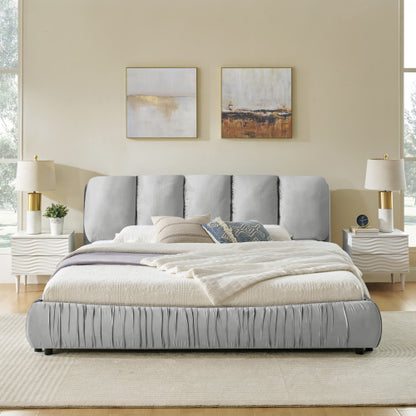 CAMA GRIS SATIN #3 KING GRAY King Size Upholstered Bed Frame, Modern Minimalist Style with Segmented Plump Compressed Sponge Headboard, Shiny velvet & Sturdy Leg Support, Mattress Not Included-Gray