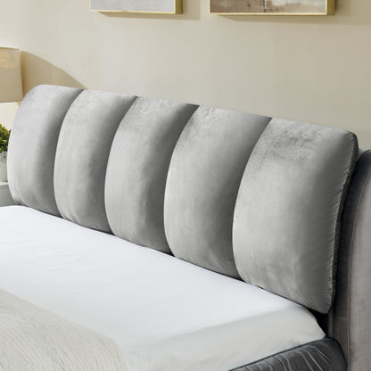CAMA GRIS SATIN #3 KING GRAY King Size Upholstered Bed Frame, Modern Minimalist Style with Segmented Plump Compressed Sponge Headboard, Shiny velvet & Sturdy Leg Support, Mattress Not Included-Gray