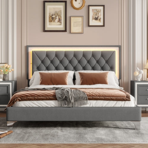 48-RECAMARA QUEEN-GRIS DE LUCES 4 PIEZAS-CAMA-COLCHON-2-MESITAS/GRAY 4 PCS. BEDROOM SET QUEEN BEDFRAME-NIGHTSTANDS