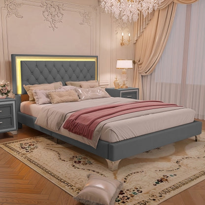 48-RECAMARA QUEEN-GRIS DE LUCES 4 PIEZAS-CAMA-COLCHON-2-MESITAS/GRAY 4 PCS. BEDROOM SET QUEEN BEDFRAME-NIGHTSTANDS