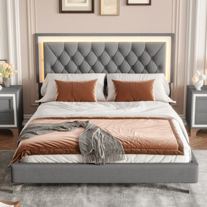 48-RECAMARA QUEEN-GRIS DE LUCES 4 PIEZAS-CAMA-COLCHON-2-MESITAS/GRAY 4 PCS. BEDROOM SET QUEEN BEDFRAME-NIGHTSTANDS