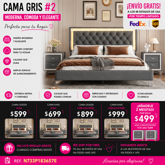 CAMA GRIS LUCES #2, QUEEN GRAY BED WITH LED LIGHTS Mid Century Vintage Nightstand with Silver Glitter Strip Decor and Metal Legs, Velvet Bedside Table with 2 Drawers, Fully Assembled Except Legs and Handles, Gray