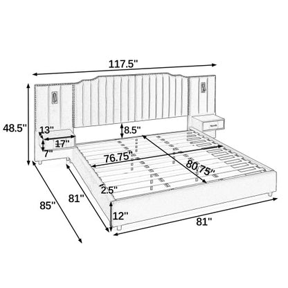 CAMA GRIS #5 CON MESITAS KING, GREY BED WITH NIGHTTABLES ATTACHED King Size Upholstered Bed Frame with Velvet Fabric, Vertical Stripe Design with Buttons Around King Size Platform Bed with Headboard, Solid Frame & Bedside Table - No Box Spring Needed-Gray