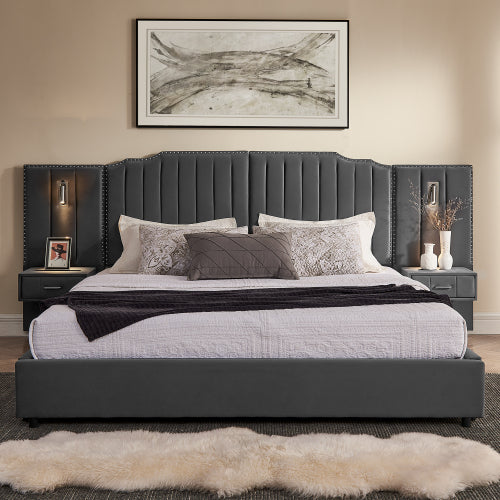CAMA GRIS #5 CON MESITAS KING, GREY BED WITH NIGHTTABLES ATTACHED King Size Upholstered Bed Frame with Velvet Fabric, Vertical Stripe Design with Buttons Around King Size Platform Bed with Headboard, Solid Frame & Bedside Table - No Box Spring Needed-Gray