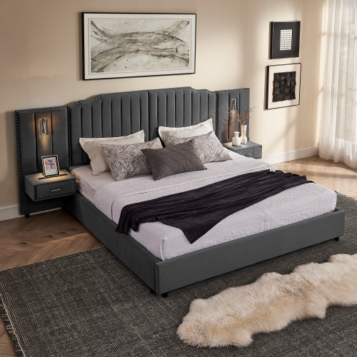 CAMA GRIS #5 CON MESITAS KING, GREY BED WITH NIGHTTABLES ATTACHED King Size Upholstered Bed Frame with Velvet Fabric, Vertical Stripe Design with Buttons Around King Size Platform Bed with Headboard, Solid Frame & Bedside Table - No Box Spring Needed-Gray