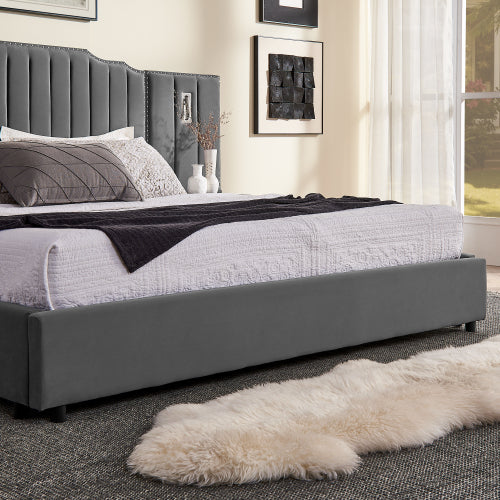 CAMA GRIS #5 CON MESITAS KING, GREY BED WITH NIGHTTABLES ATTACHED King Size Upholstered Bed Frame with Velvet Fabric, Vertical Stripe Design with Buttons Around King Size Platform Bed with Headboard, Solid Frame & Bedside Table - No Box Spring Needed-Gray