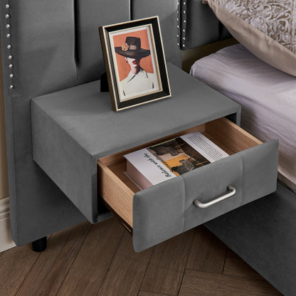 CAMA GRIS #5 CON MESITAS KING, GREY BED WITH NIGHTTABLES ATTACHED King Size Upholstered Bed Frame with Velvet Fabric, Vertical Stripe Design with Buttons Around King Size Platform Bed with Headboard, Solid Frame & Bedside Table - No Box Spring Needed-Gray