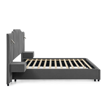 CAMA GRIS #5 CON MESITAS KING, GREY BED WITH NIGHTTABLES ATTACHED King Size Upholstered Bed Frame with Velvet Fabric, Vertical Stripe Design with Buttons Around King Size Platform Bed with Headboard, Solid Frame & Bedside Table - No Box Spring Needed-Gray