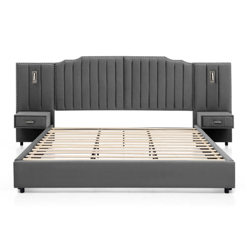 CAMA GRIS #5 CON MESITAS KING, GREY BED WITH NIGHTTABLES ATTACHED King Size Upholstered Bed Frame with Velvet Fabric, Vertical Stripe Design with Buttons Around King Size Platform Bed with Headboard, Solid Frame & Bedside Table - No Box Spring Needed-Gray
