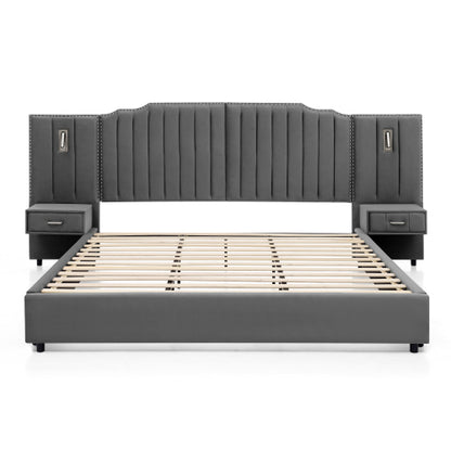 CAMA GRIS #5 CON MESITAS KING, GREY BED WITH NIGHTTABLES ATTACHED King Size Upholstered Bed Frame with Velvet Fabric, Vertical Stripe Design with Buttons Around King Size Platform Bed with Headboard, Solid Frame & Bedside Table - No Box Spring Needed-Gray