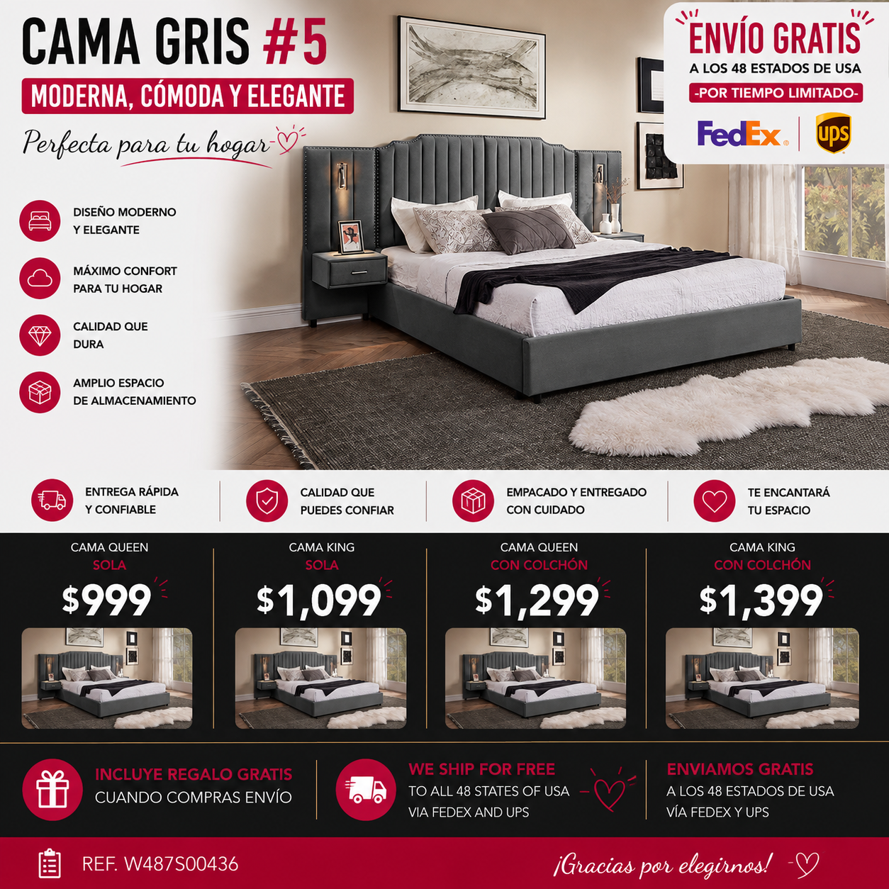 CAMA GRIS #5 CON MESITAS KING, GREY BED WITH NIGHTTABLES ATTACHED King Size Upholstered Bed Frame with Velvet Fabric, Vertical Stripe Design with Buttons Around King Size Platform Bed with Headboard, Solid Frame & Bedside Table - No Box Spring Needed-Gray