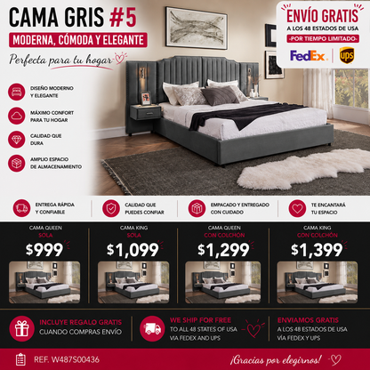 CAMA GRIS #5 CON MESITAS KING, GREY BED WITH NIGHTTABLES ATTACHED King Size Upholstered Bed Frame with Velvet Fabric, Vertical Stripe Design with Buttons Around King Size Platform Bed with Headboard, Solid Frame & Bedside Table - No Box Spring Needed-Gray