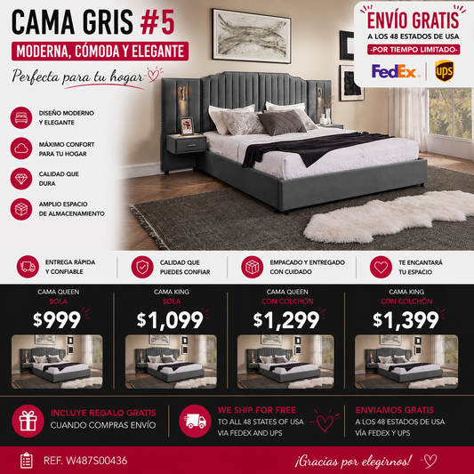 CAMA GRIS #5 CON MESITAS KING, GREY BED WITH NIGHTTABLES ATTACHED King Size Upholstered Bed Frame with Velvet Fabric, Vertical Stripe Design with Buttons Around King Size Platform Bed with Headboard, Solid Frame & Bedside Table - No Box Spring Needed-Gray