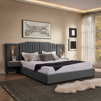 CAMA GRIS #5 CON MESITAS KING, GREY BED WITH NIGHTTABLES ATTACHED King Size Upholstered Bed Frame with Velvet Fabric, Vertical Stripe Design with Buttons Around King Size Platform Bed with Headboard, Solid Frame & Bedside Table - No Box Spring Needed-Gray
