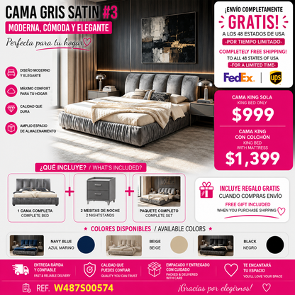 CAMA GRIS SATIN #3 KING GRAY King Size Upholstered Bed Frame, Modern Minimalist Style with Segmented Plump Compressed Sponge Headboard, Shiny velvet & Sturdy Leg Support, Mattress Not Included-Gray