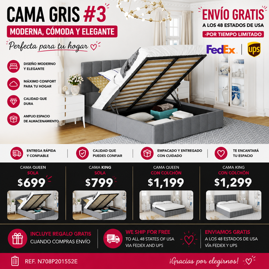 CAMA GRIS #23-QUEEN Queen size Upholstered Platform bed with a Hydraulic Storage System - Gray(OLD SKU: LP000211AAE)