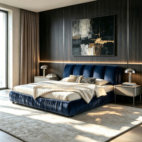 CAMA AZUL KING SIZE SOLAMENTE-King Size Upholstered Bed Frame, Modern Minimalist Style with Segmented Plump Compressed Sponge Headboard, Shiny velvet & Sturdy Leg Support, Mattress Not Included-Dark Blue