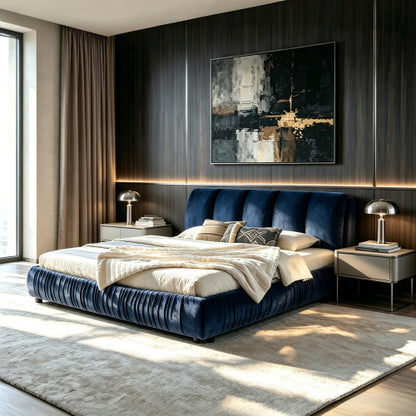 CAMA AZUL KING SIZE SOLAMENTE-King Size Upholstered Bed Frame, Modern Minimalist Style with Segmented Plump Compressed Sponge Headboard, Shiny velvet & Sturdy Leg Support, Mattress Not Included-Dark Blue