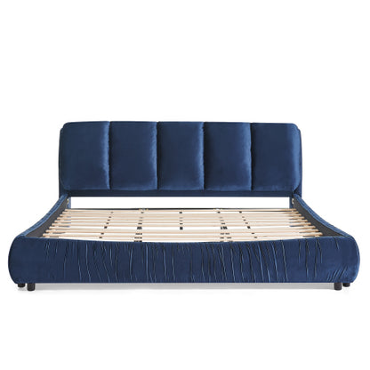CAMA AZUL KING SIZE SOLAMENTE-King Size Upholstered Bed Frame, Modern Minimalist Style with Segmented Plump Compressed Sponge Headboard, Shiny velvet & Sturdy Leg Support, Mattress Not Included-Dark Blue