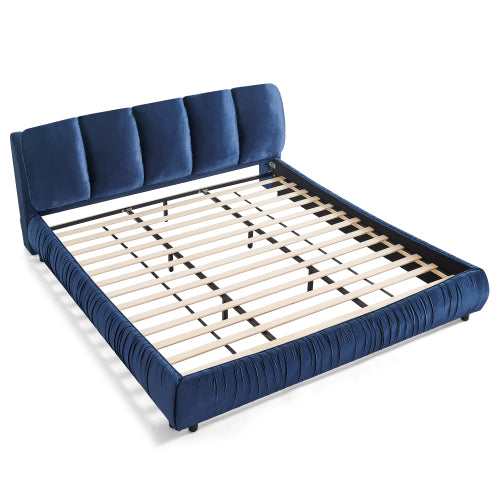 CAMA AZUL KING SIZE SOLAMENTE-King Size Upholstered Bed Frame, Modern Minimalist Style with Segmented Plump Compressed Sponge Headboard, Shiny velvet & Sturdy Leg Support, Mattress Not Included-Dark Blue