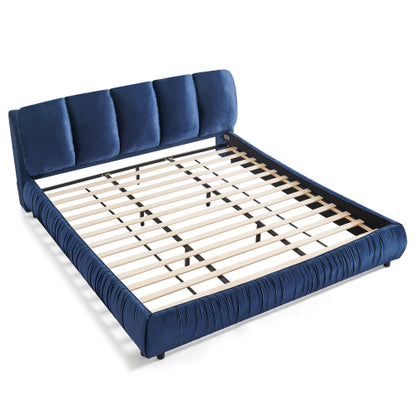 CAMA AZUL KING SIZE SOLAMENTE-King Size Upholstered Bed Frame, Modern Minimalist Style with Segmented Plump Compressed Sponge Headboard, Shiny velvet & Sturdy Leg Support, Mattress Not Included-Dark Blue
