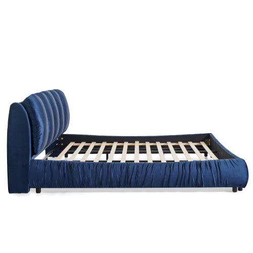 CAMA AZUL KING SIZE SOLAMENTE-King Size Upholstered Bed Frame, Modern Minimalist Style with Segmented Plump Compressed Sponge Headboard, Shiny velvet & Sturdy Leg Support, Mattress Not Included-Dark Blue