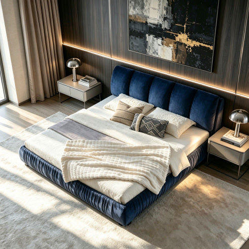 CAMA AZUL KING SIZE SOLAMENTE-King Size Upholstered Bed Frame, Modern Minimalist Style with Segmented Plump Compressed Sponge Headboard, Shiny velvet & Sturdy Leg Support, Mattress Not Included-Dark Blue