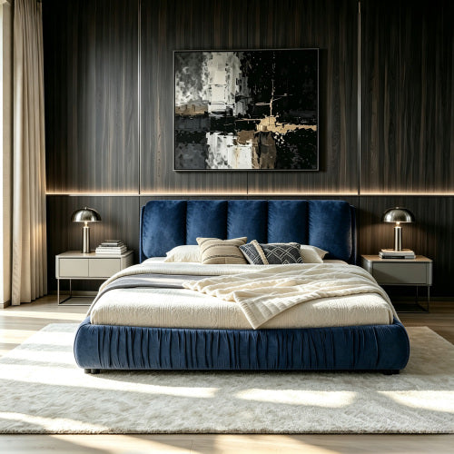 CAMA AZUL KING SIZE SOLAMENTE-King Size Upholstered Bed Frame, Modern Minimalist Style with Segmented Plump Compressed Sponge Headboard, Shiny velvet & Sturdy Leg Support, Mattress Not Included-Dark Blue