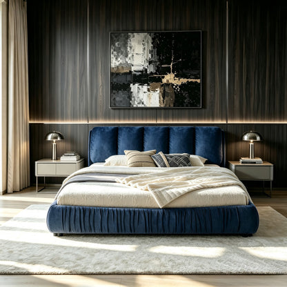 CAMA AZUL KING SIZE SOLAMENTE-King Size Upholstered Bed Frame, Modern Minimalist Style with Segmented Plump Compressed Sponge Headboard, Shiny velvet & Sturdy Leg Support, Mattress Not Included-Dark Blue