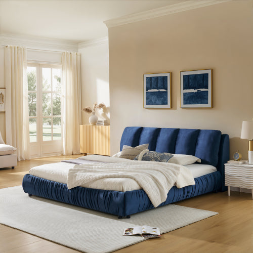 CAMA AZUL KING SIZE SOLAMENTE-King Size Upholstered Bed Frame, Modern Minimalist Style with Segmented Plump Compressed Sponge Headboard, Shiny velvet & Sturdy Leg Support, Mattress Not Included-Dark Blue