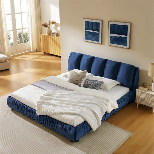 CAMA AZUL KING SIZE SOLAMENTE-King Size Upholstered Bed Frame, Modern Minimalist Style with Segmented Plump Compressed Sponge Headboard, Shiny velvet & Sturdy Leg Support, Mattress Not Included-Dark Blue